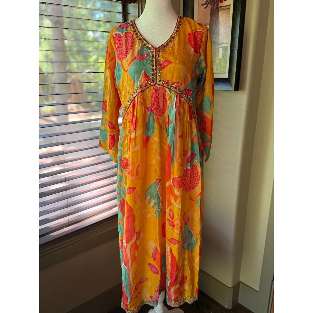 Poshak Indian Silk Anarkali Kurta Dress Orange Yellow Floral Embellished Sz Med